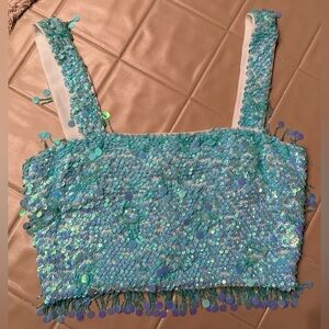 Iridescent Blue Sequin Beaded Crop Top S Small Festival Party mermaid Zipper